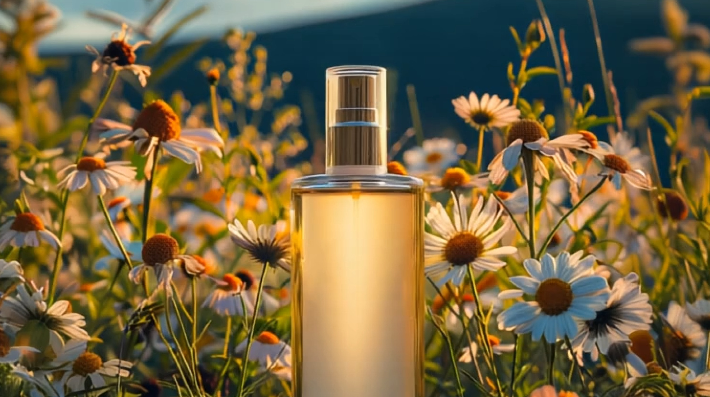 Golden spray bottle in field of daisies