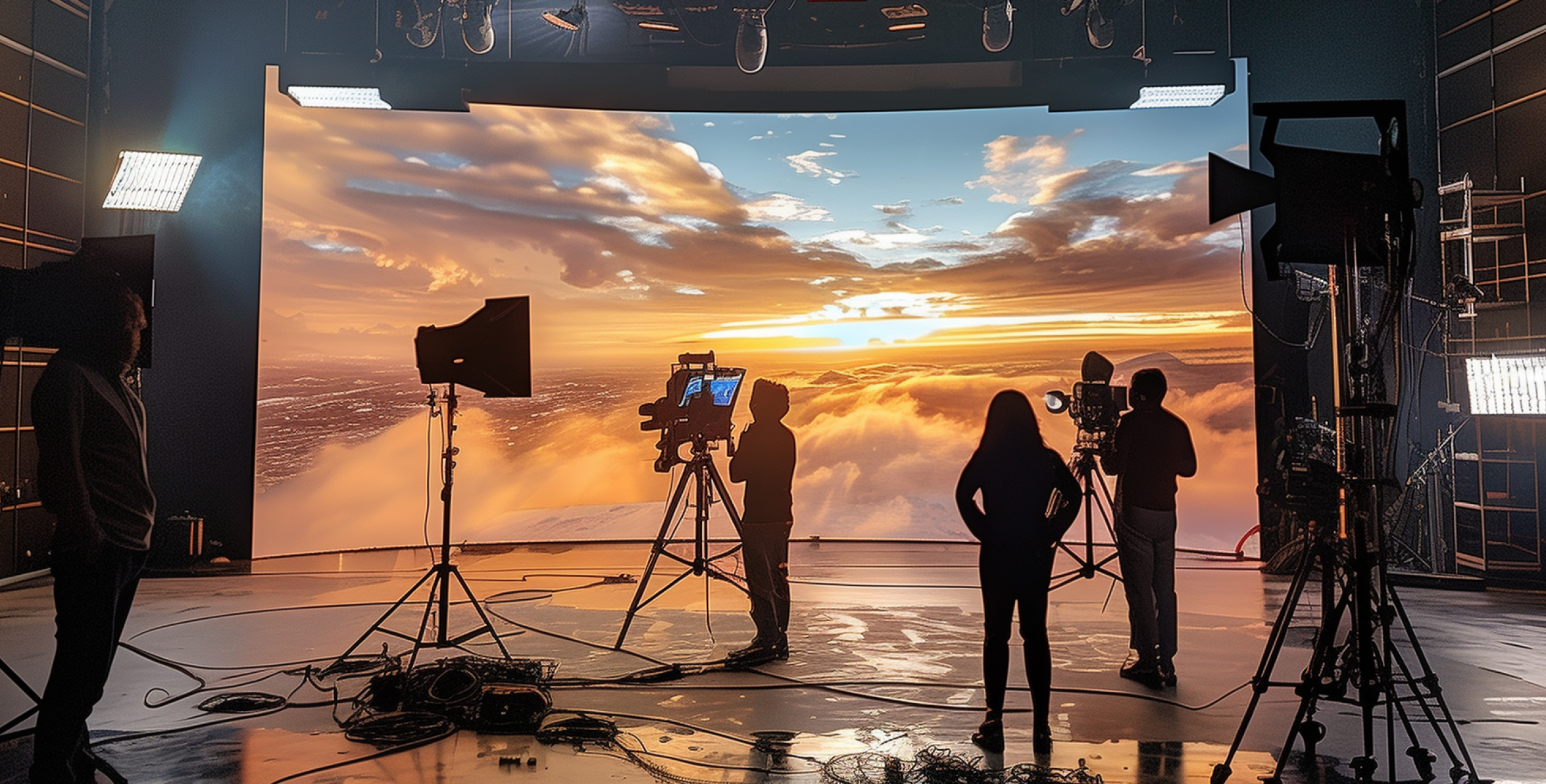 Camera crew in front of large screen displaying a sunset